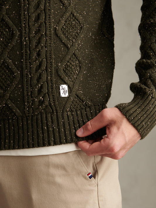 Mens Heritage Aran Nep Knit Crew Neck Jumper Forest Night