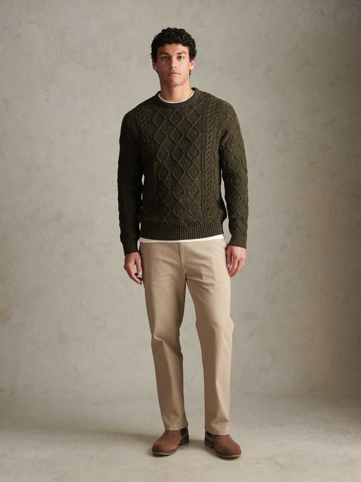 Mens Heritage Aran Nep Knit Crew Neck Jumper Forest Night