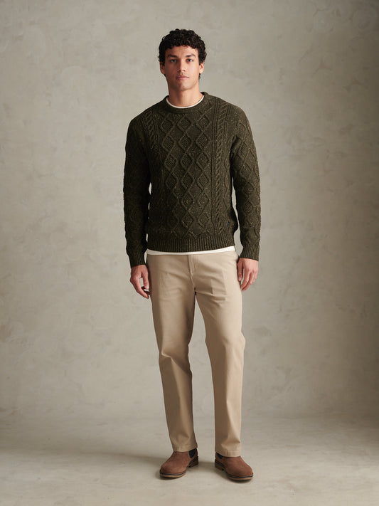 Mens Heritage Aran Nep Knit Crew Neck Jumper Forest Night