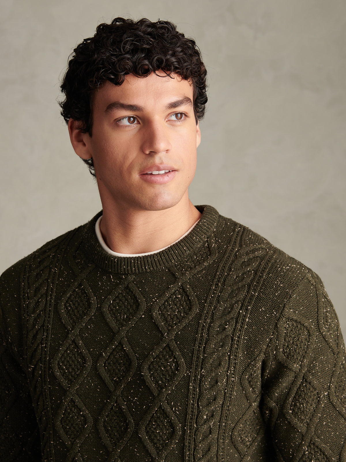 Mens Heritage Aran Nep Knit Crew Neck Jumper Forest Night