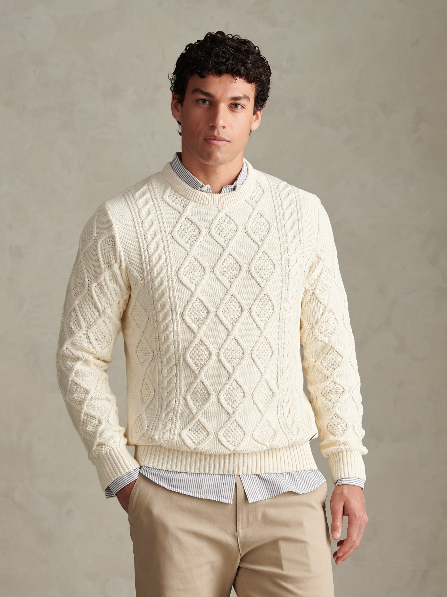 Mens Heritage Aran Nep Knit Crew Neck Jumper Whisper White
