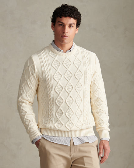 Mens Heritage Aran Nep Knit Crew Neck Jumper Whisper White