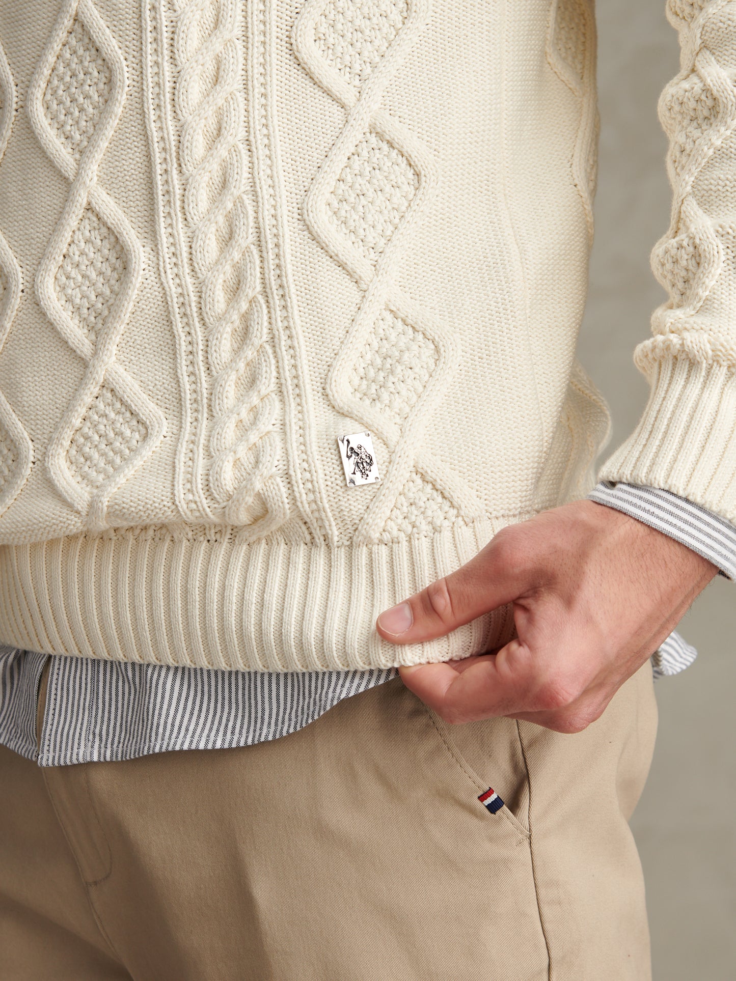 Mens Heritage Aran Nep Knit Crew Neck Jumper Whisper White