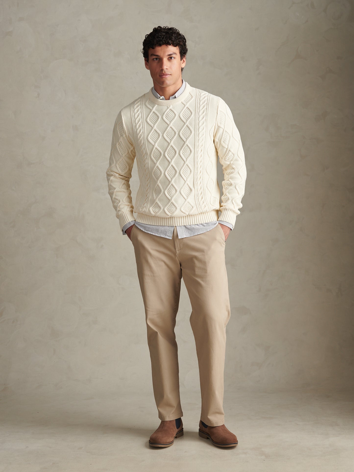 Mens Heritage Aran Nep Knit Crew Neck Jumper Whisper White
