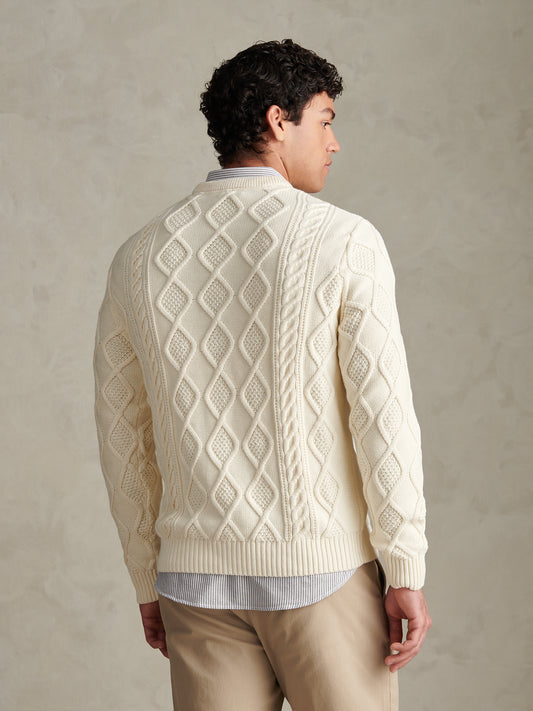 Mens Heritage Aran Nep Knit Crew Neck Jumper Whisper White
