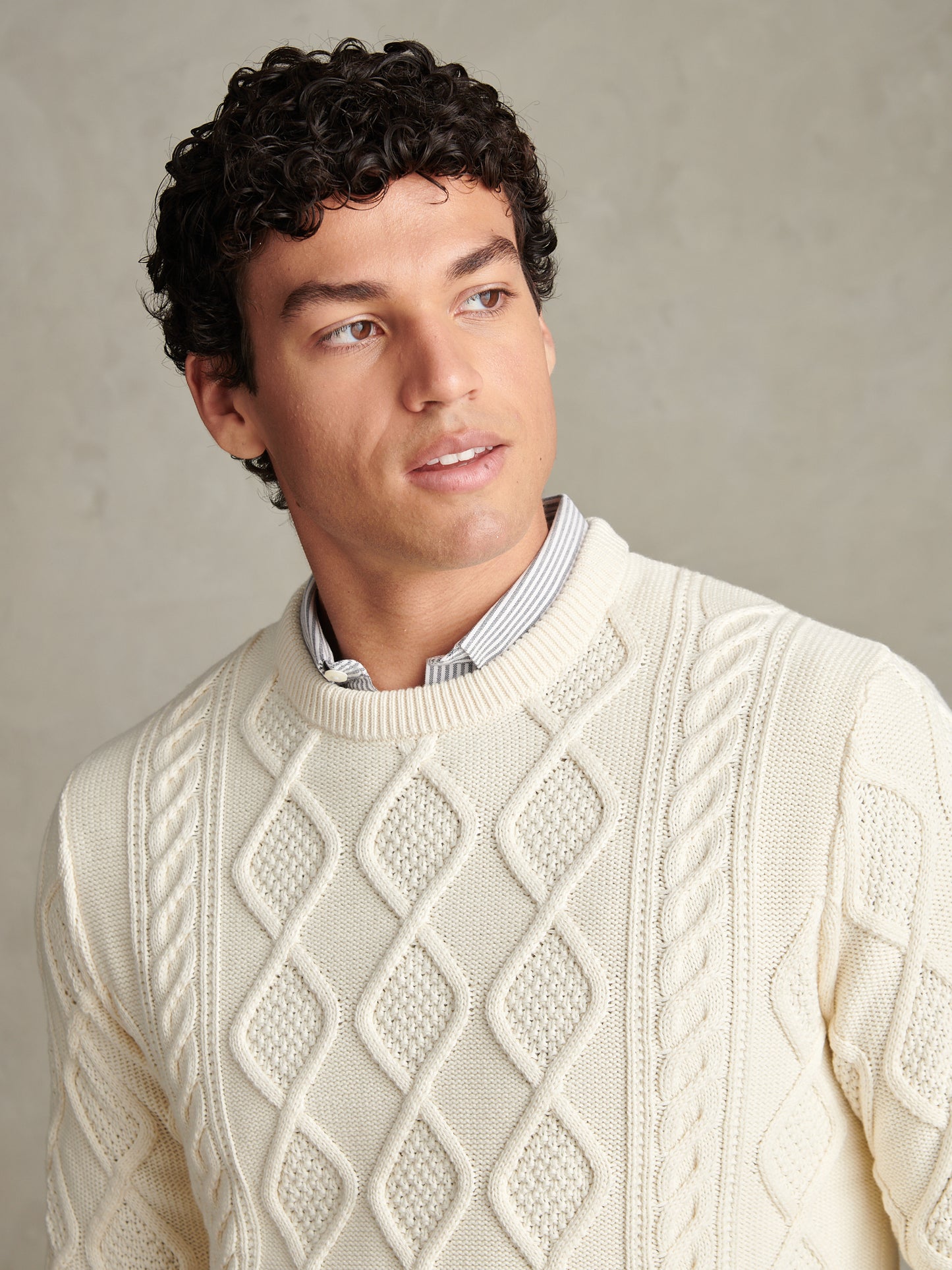Mens Heritage Aran Nep Knit Crew Neck Jumper Whisper White