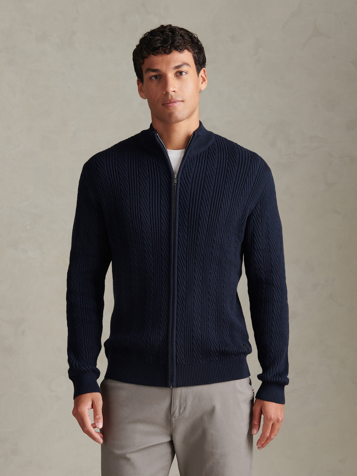 Mens Twill Aran Funnel Neck Zip Knit Dark Sapphire Navy