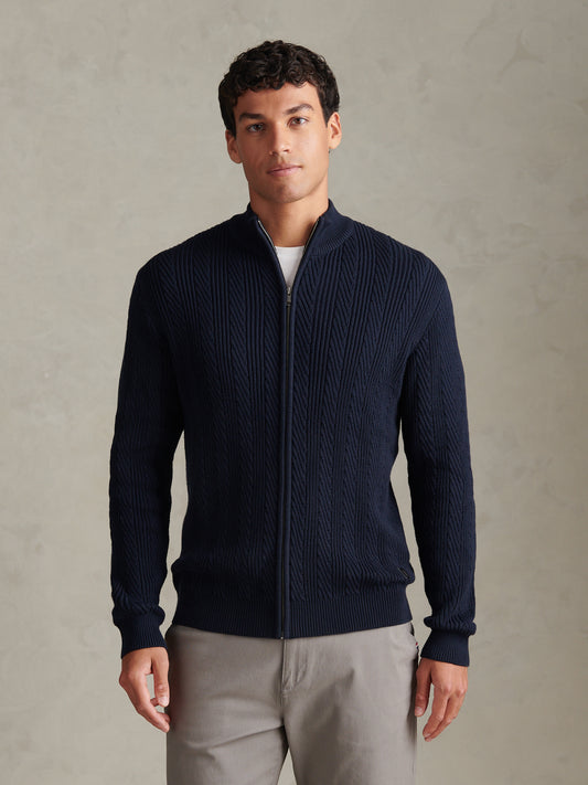 Mens Twill Aran Funnel Neck Zip Knit Dark Sapphire Navy