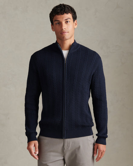 Mens Twill Aran Funnel Neck Zip Knit Dark Sapphire Navy