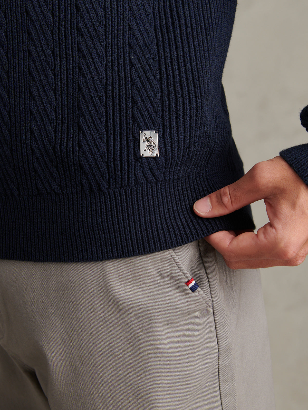 Mens Twill Aran Funnel Neck Zip Knit Dark Sapphire Navy