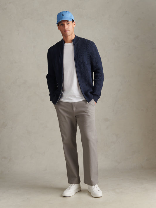 Mens Twill Aran Funnel Neck Zip Knit Dark Sapphire Navy
