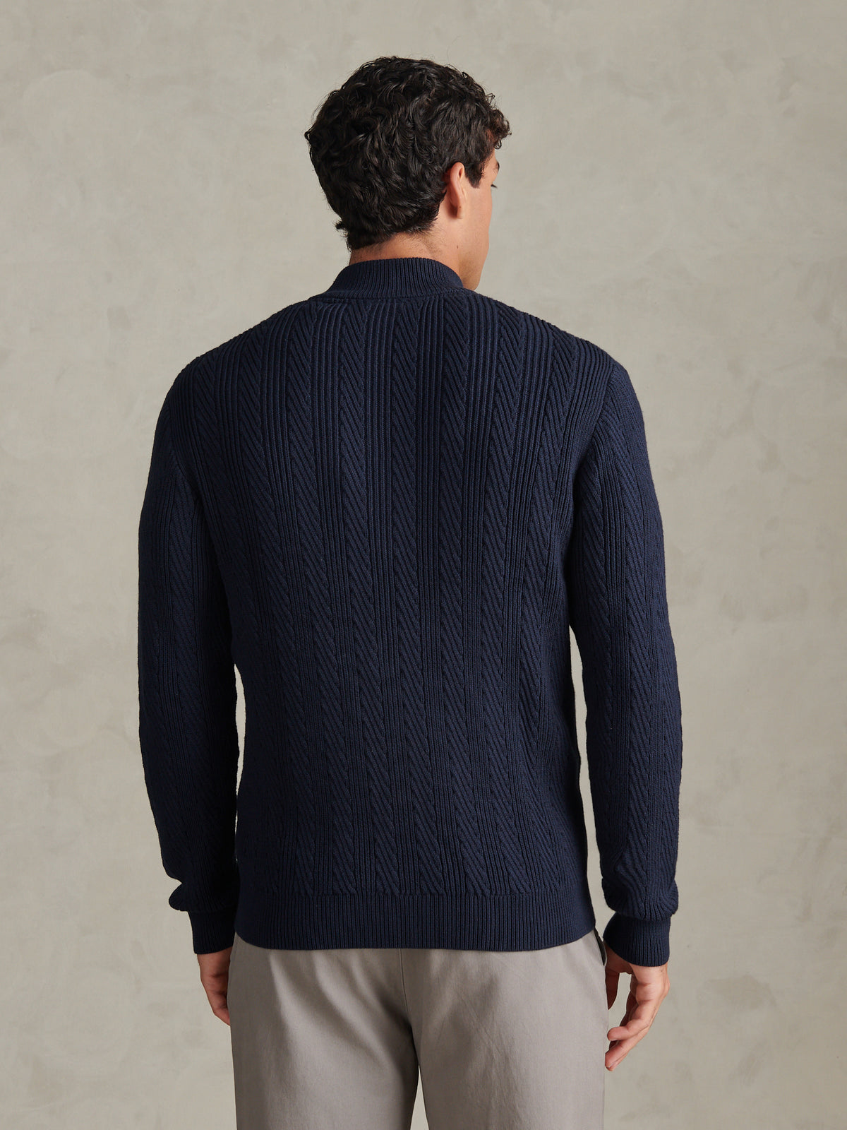 Mens Twill Aran Funnel Neck Zip Knit Dark Sapphire Navy