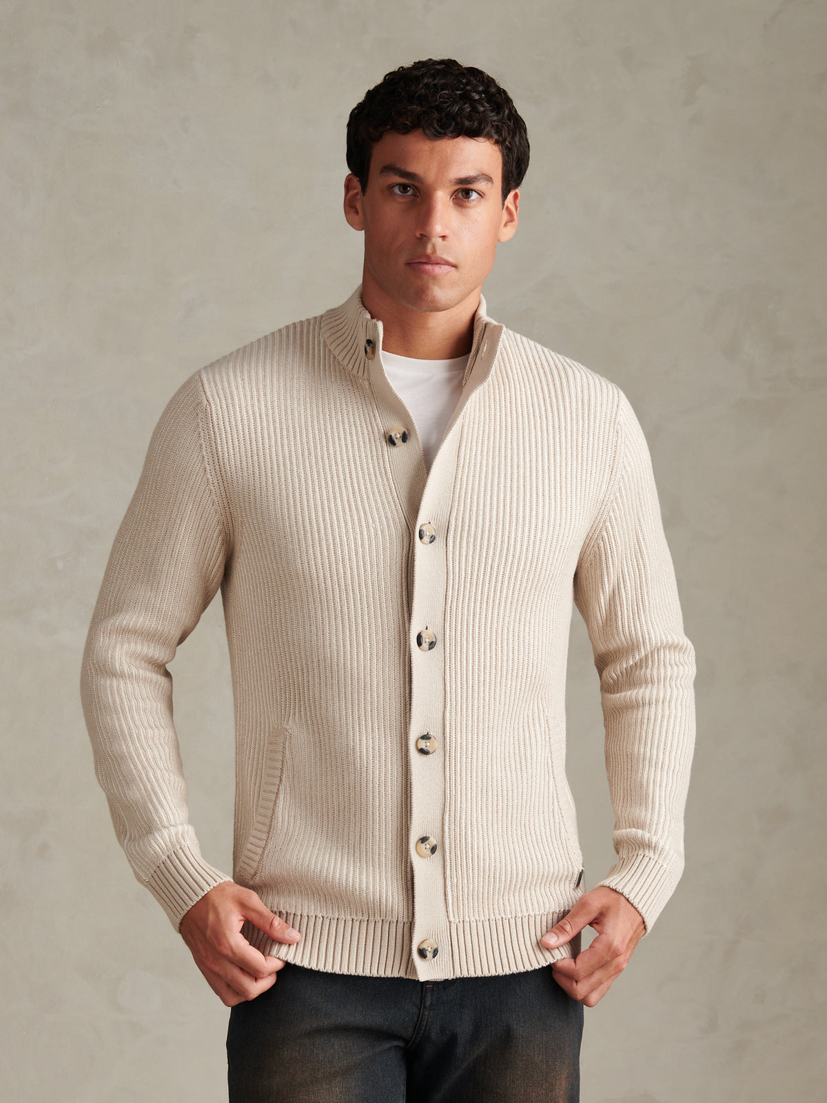 Mens Plated Rib Knit Funnel Cardigan Nacreous Clouds