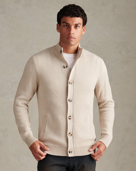 Mens Plated Rib Knit Funnel Cardigan Nacreous Clouds