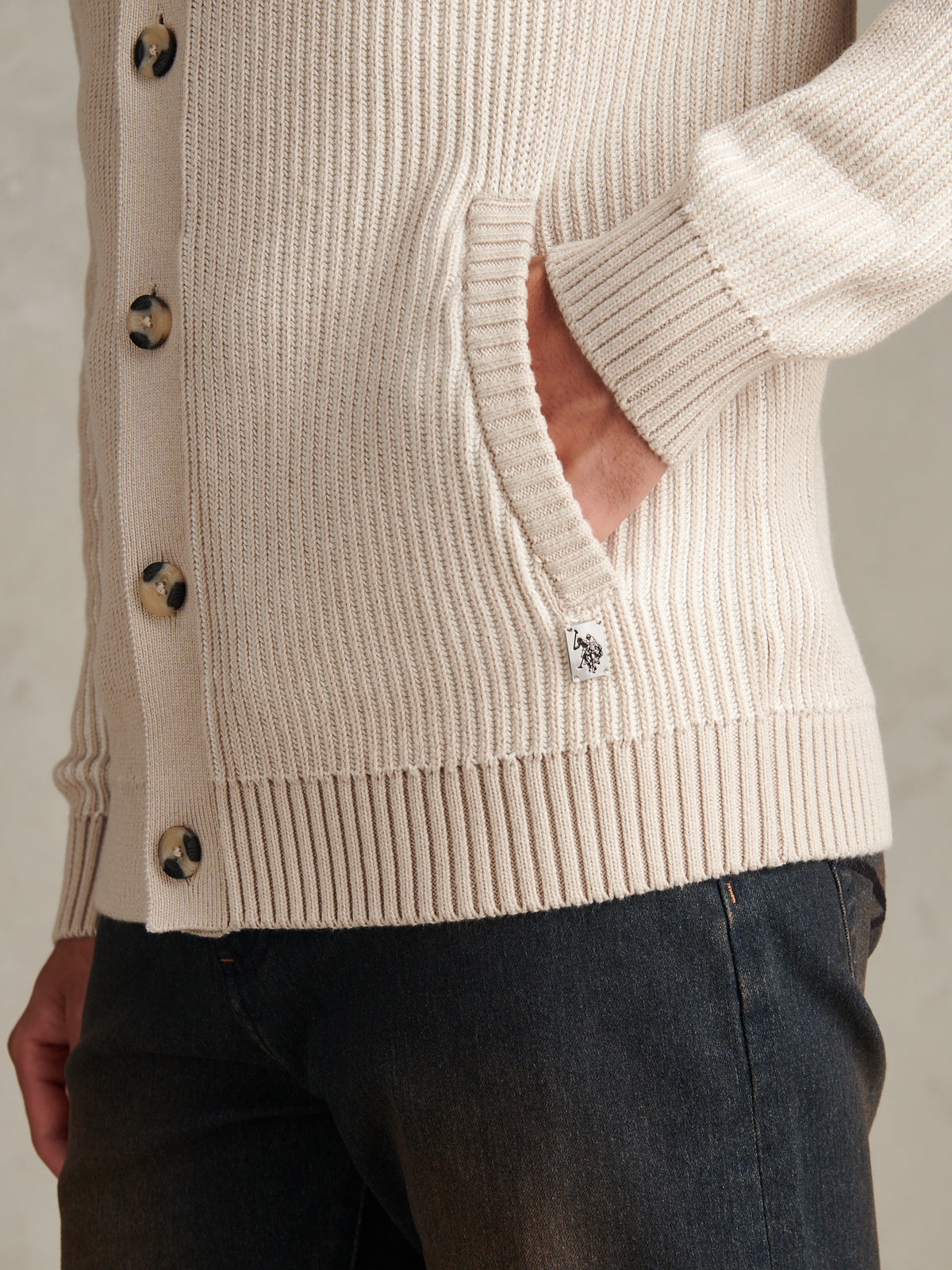 Mens Plated Rib Knit Funnel Cardigan Nacreous Clouds