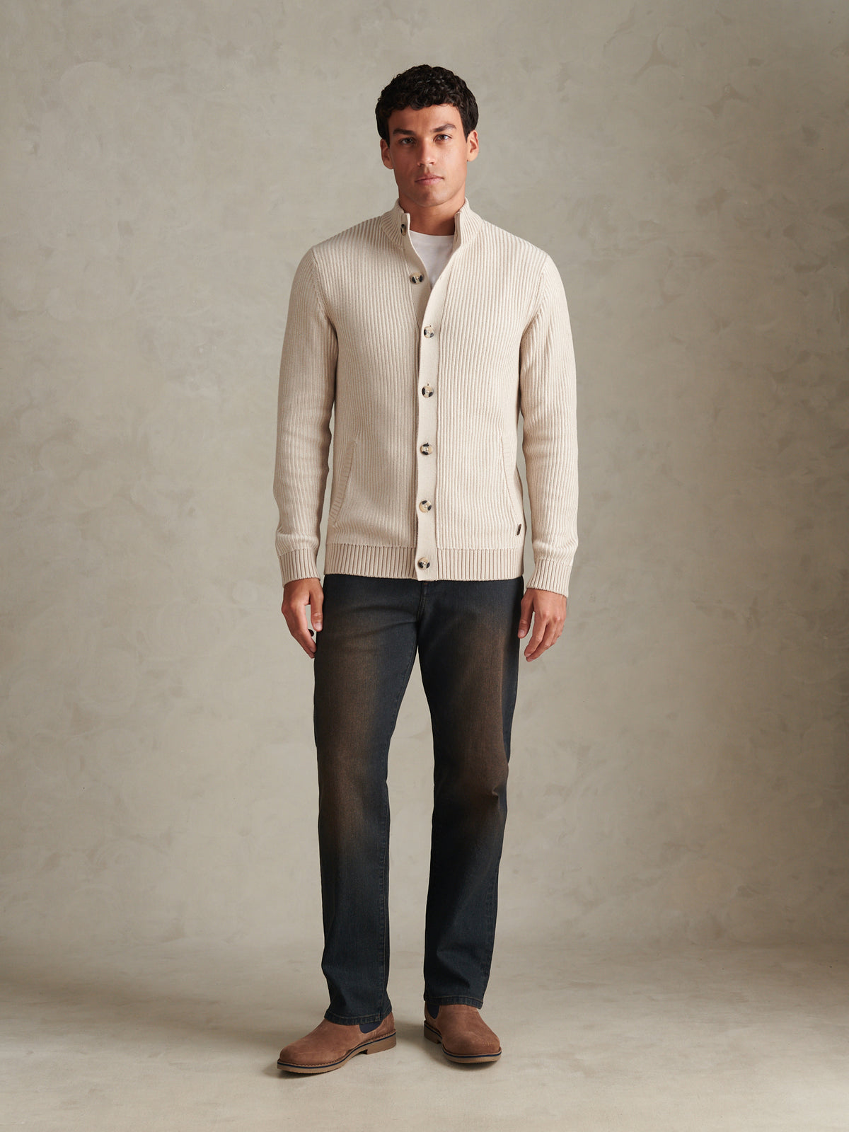 Mens Plated Rib Knit Funnel Cardigan Nacreous Clouds
