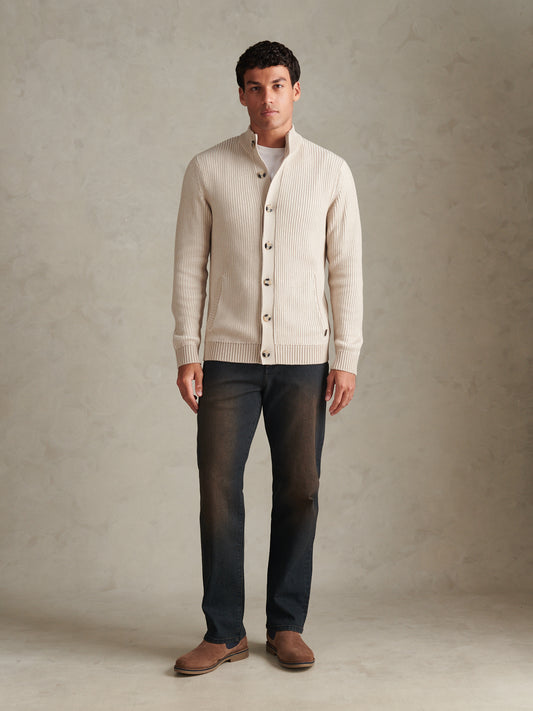 Mens Plated Rib Knit Funnel Cardigan Nacreous Clouds