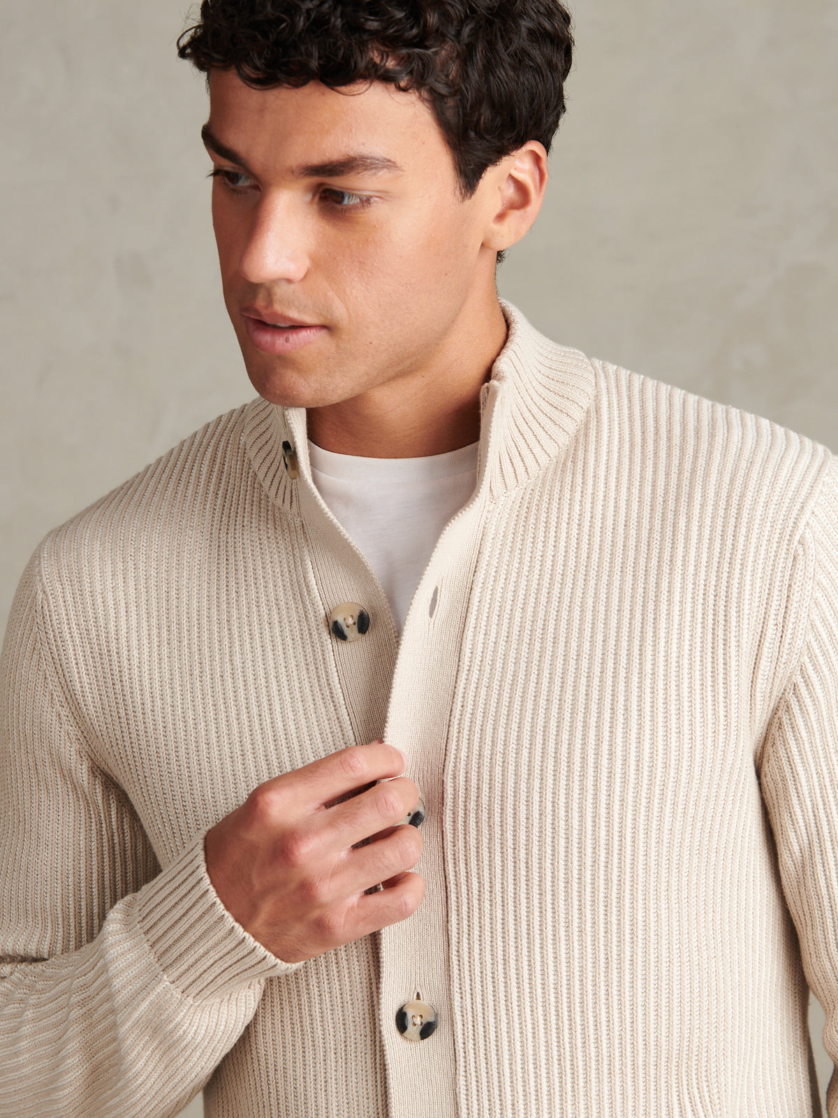 Mens Plated Rib Knit Funnel Cardigan Nacreous Clouds