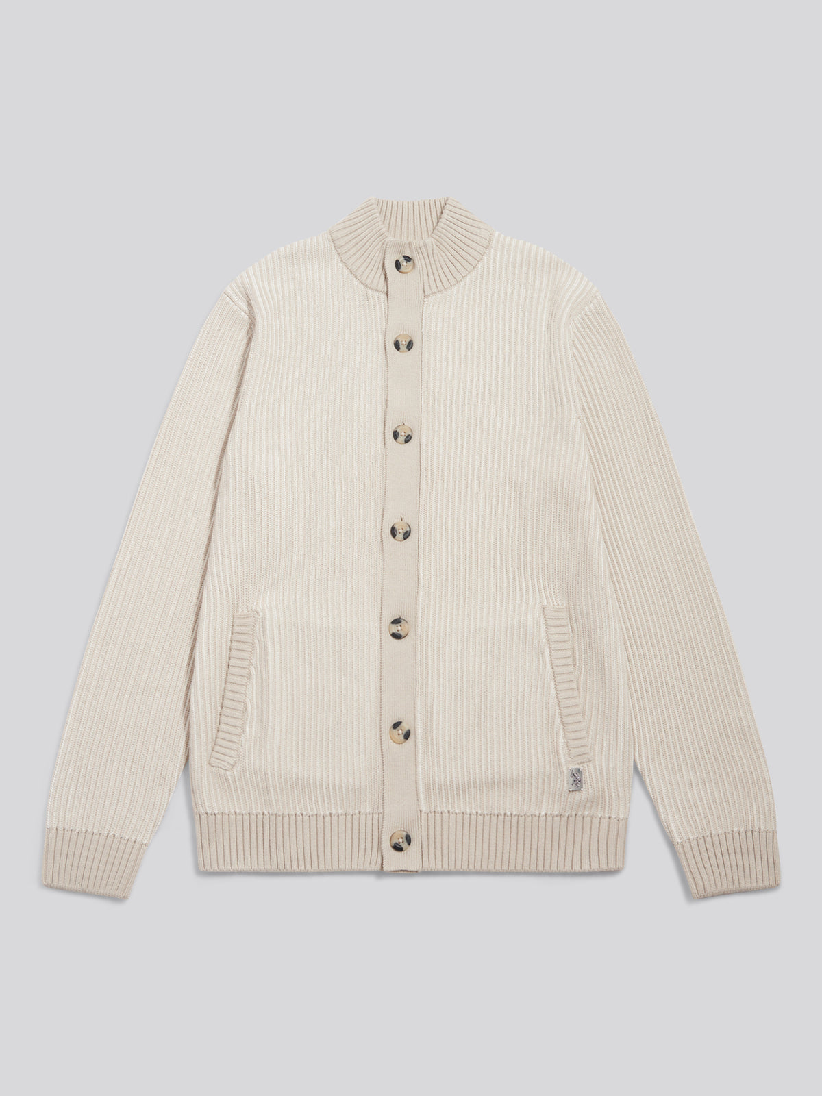 Mens Plated Rib Knit Funnel Cardigan Nacreous Clouds