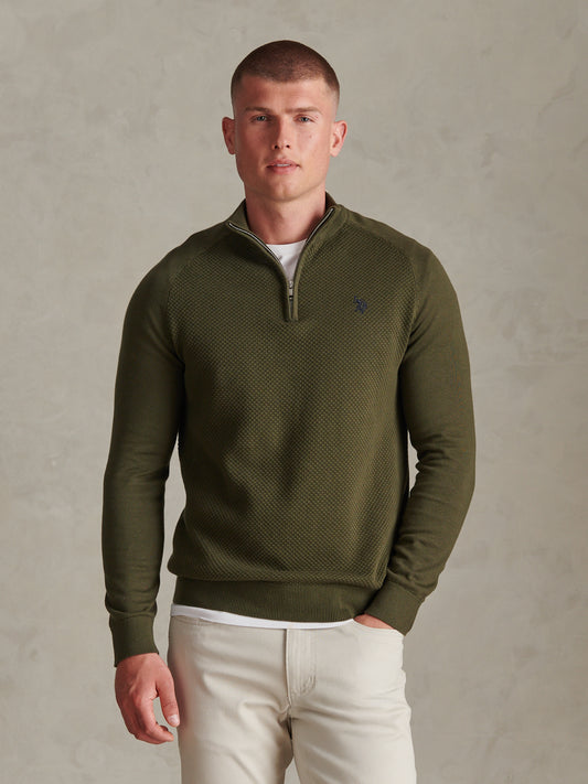 Mens Moss Stitch Raglan Sleeve Quarter Zip Funnel Neck Jumper Forest Night