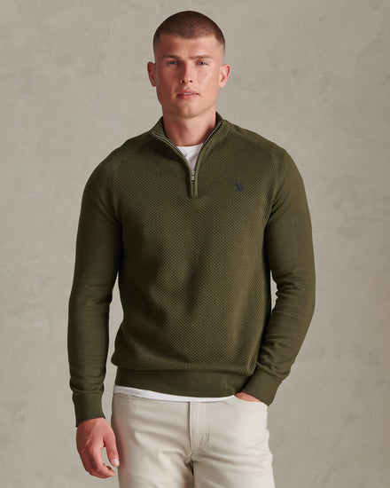 Mens Moss Stitch Raglan Sleeve Quarter Zip Funnel Neck Jumper Forest Night