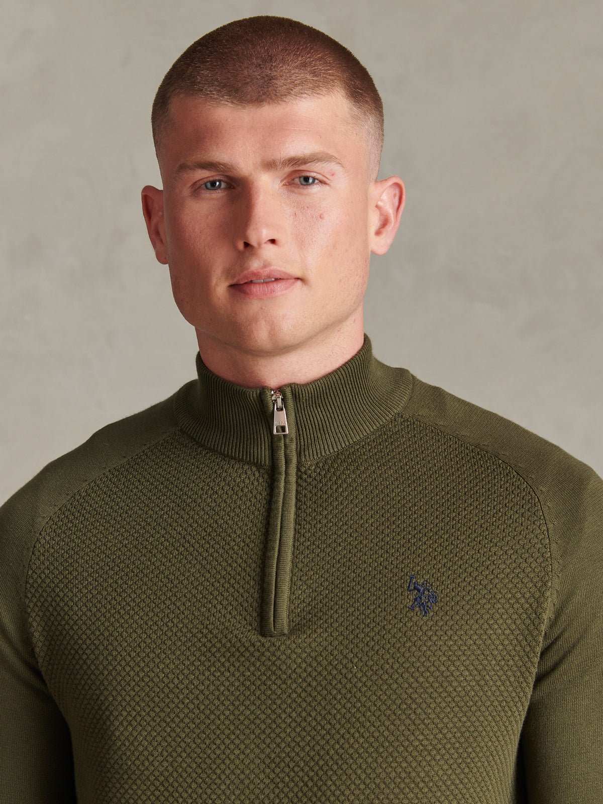 Mens Moss Stitch Raglan Sleeve Quarter Zip Funnel Neck Jumper Forest Night