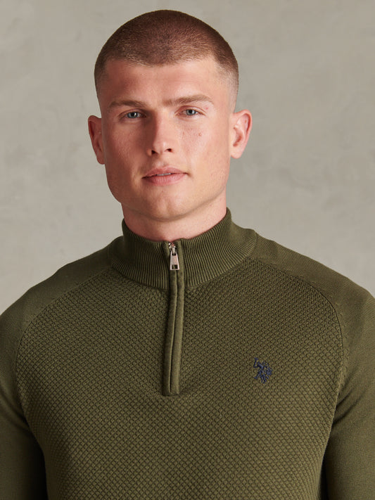 Mens Moss Stitch Raglan Sleeve Quarter Zip Funnel Neck Jumper Forest Night