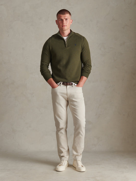 Mens Moss Stitch Raglan Sleeve Quarter Zip Funnel Neck Jumper Forest Night