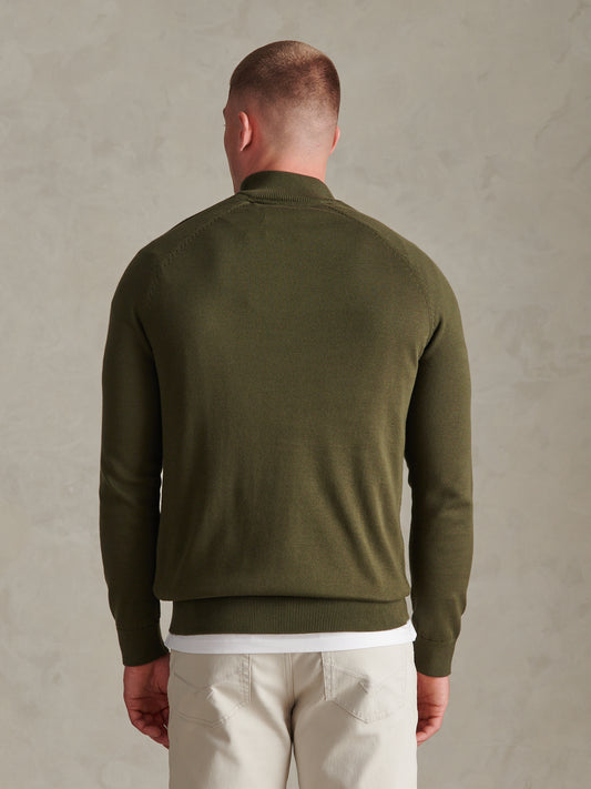 Mens Moss Stitch Raglan Sleeve Quarter Zip Funnel Neck Jumper Forest Night