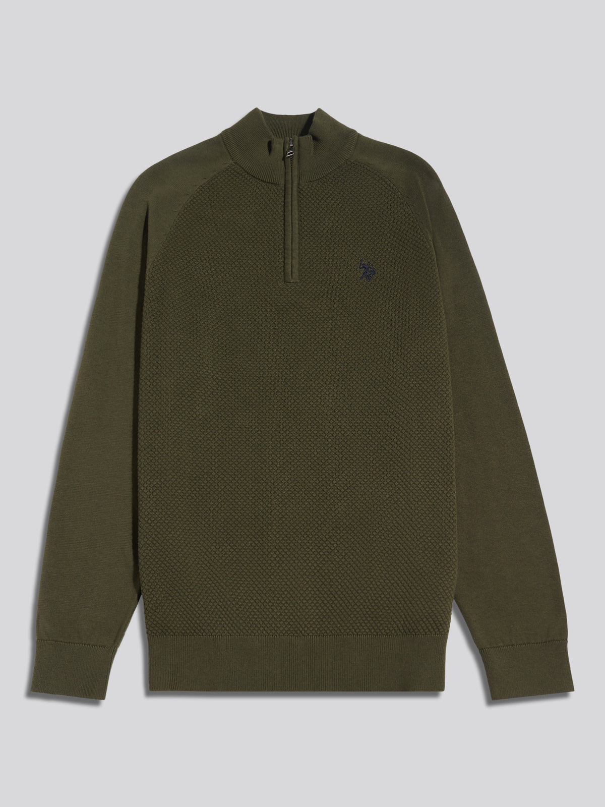 Mens Moss Stitch Raglan Sleeve Quarter Zip Funnel Neck Jumper Forest Night