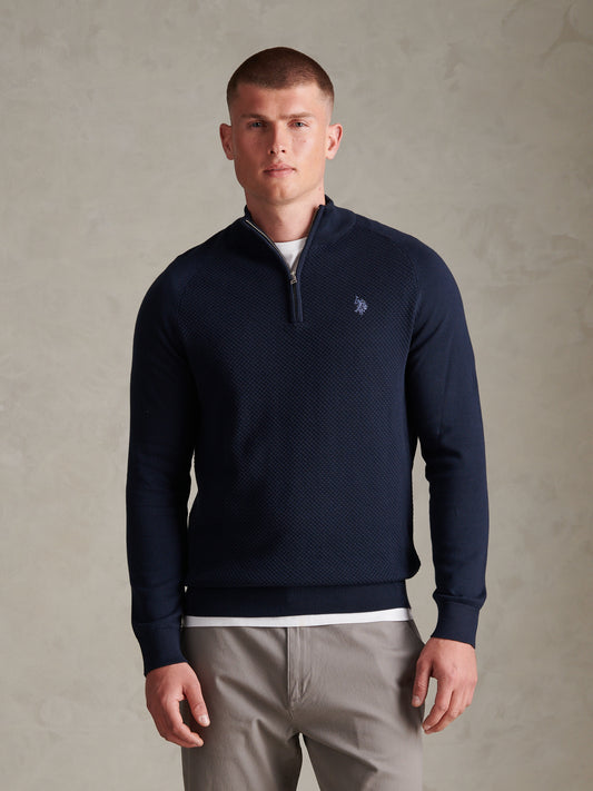 Mens Moss Stitch Raglan Sleeve Quarter Zip Funnel Neck Jumper Dark Sapphire Navy / Moonlight Blue DHM