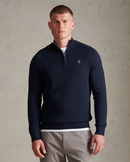 Mens Moss Stitch Raglan Sleeve Quarter Zip Funnel Neck Jumper Dark Sapphire Navy / Moonlight Blue DHM