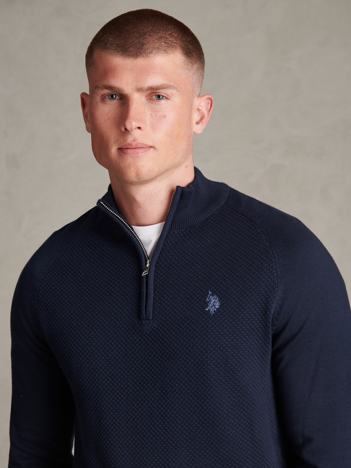Mens Moss Stitch Raglan Sleeve Quarter Zip Funnel Neck Jumper Dark Sapphire Navy / Moonlight Blue DHM