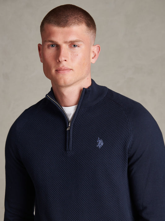 Mens Moss Stitch Raglan Sleeve Quarter Zip Funnel Neck Jumper Dark Sapphire Navy / Moonlight Blue DHM