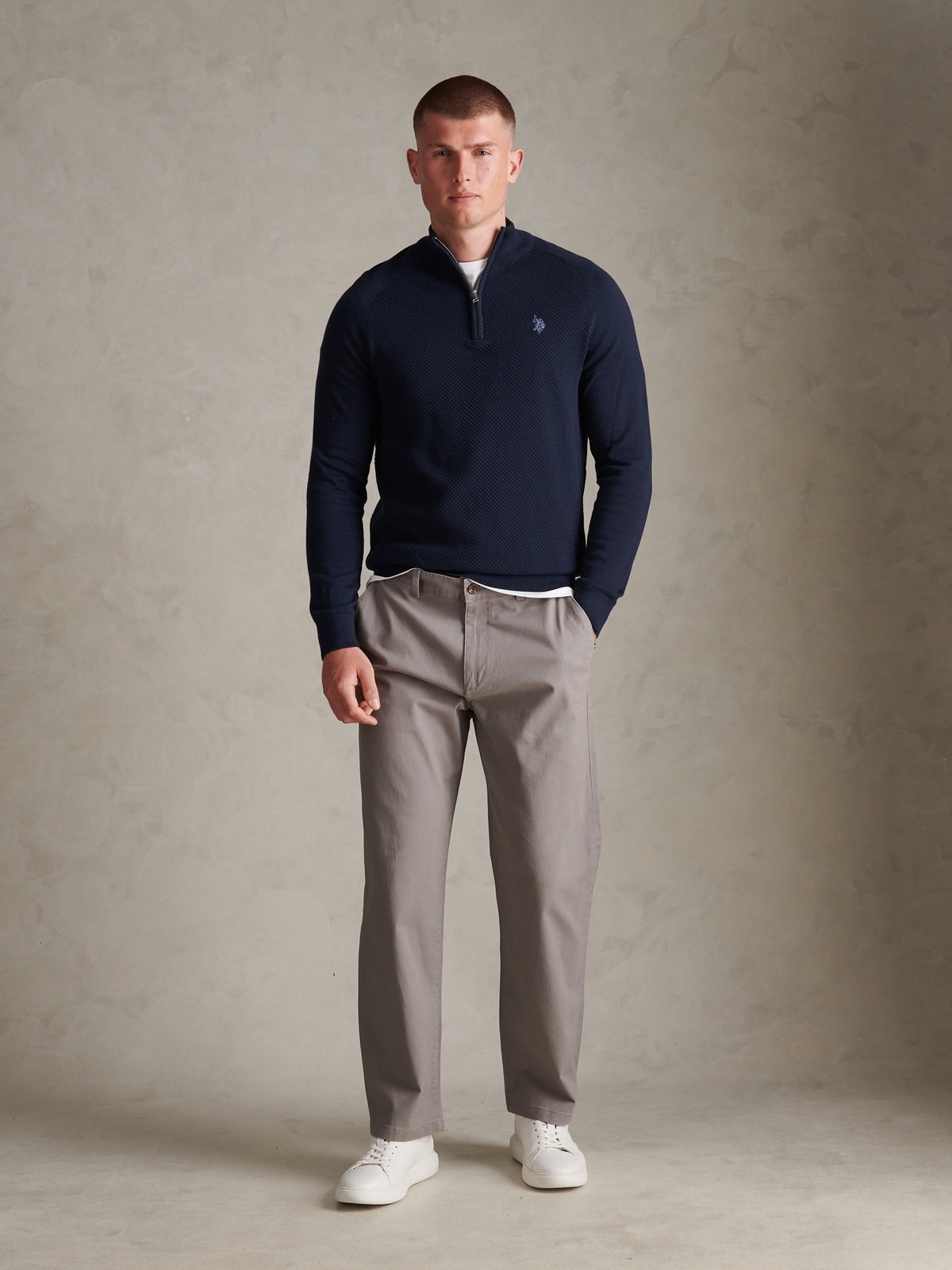 Mens Moss Stitch Raglan Sleeve Quarter Zip Funnel Neck Jumper Dark Sapphire Navy / Moonlight Blue DHM