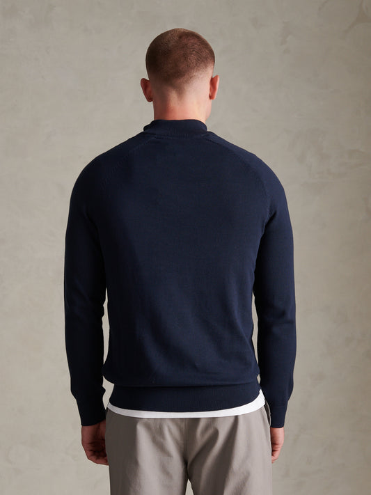 Mens Moss Stitch Raglan Sleeve Quarter Zip Funnel Neck Jumper Dark Sapphire Navy / Moonlight Blue DHM