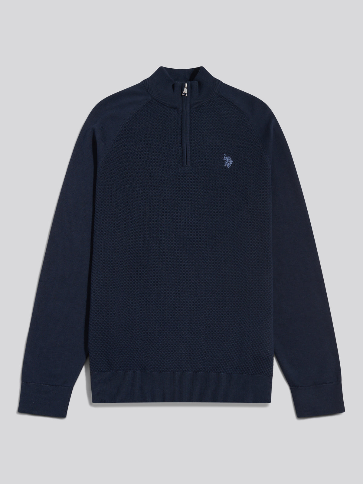 Mens Moss Stitch Raglan Sleeve Quarter Zip Funnel Neck Jumper Dark Sapphire Navy / Moonlight Blue DHM