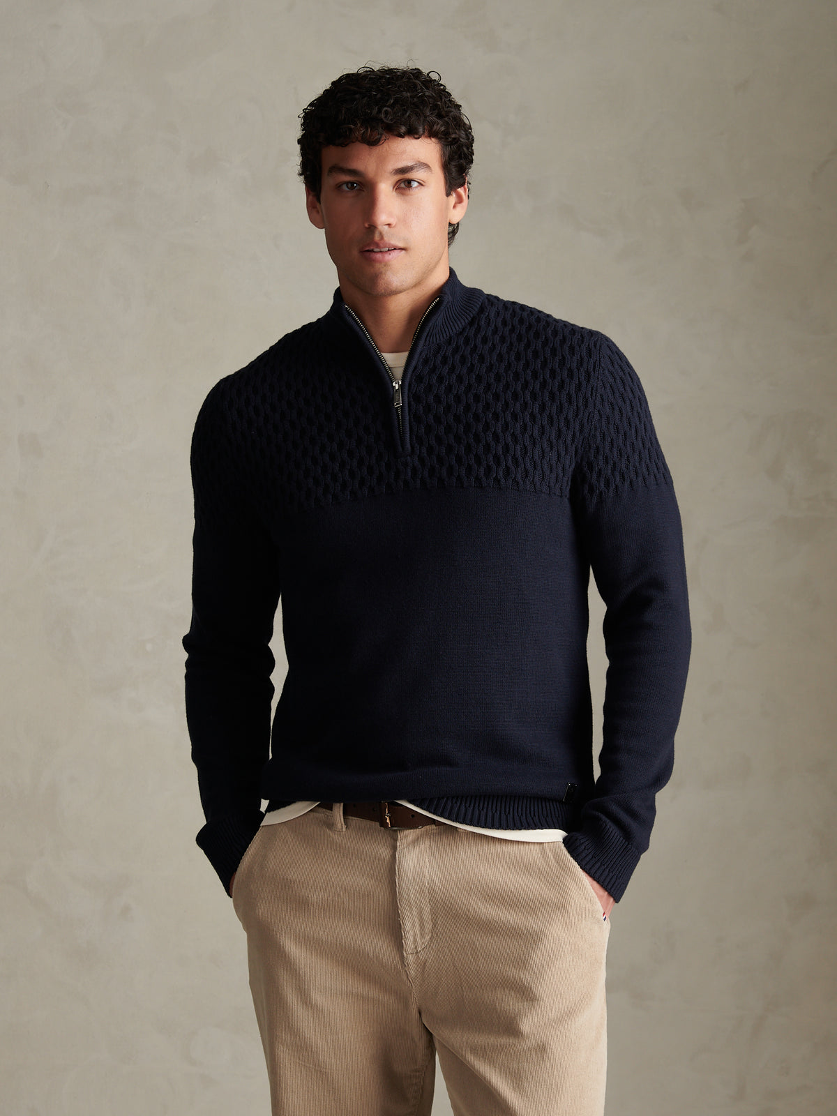 Mens Honeycomb Cable Quarter Zip Jumper Dark Sapphire Navy