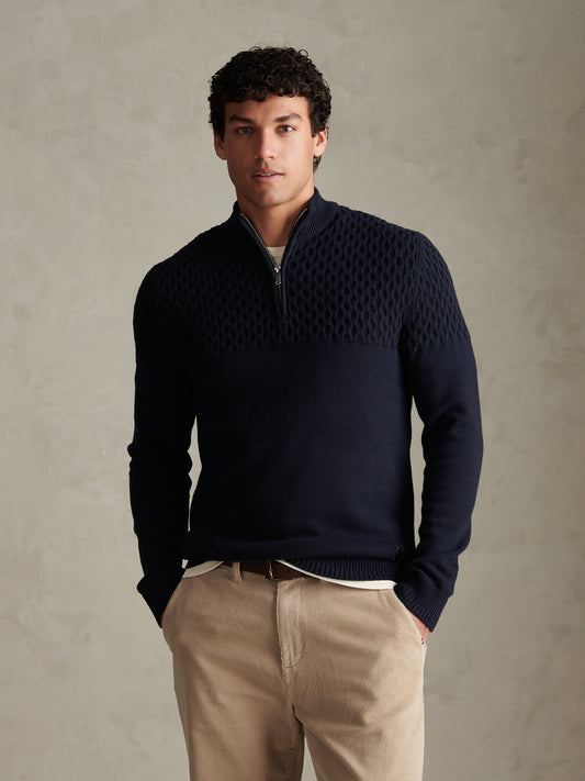 Mens Honeycomb Cable Quarter Zip Jumper Dark Sapphire Navy
