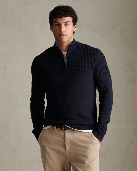 Mens Honeycomb Cable Quarter Zip Jumper Dark Sapphire Navy