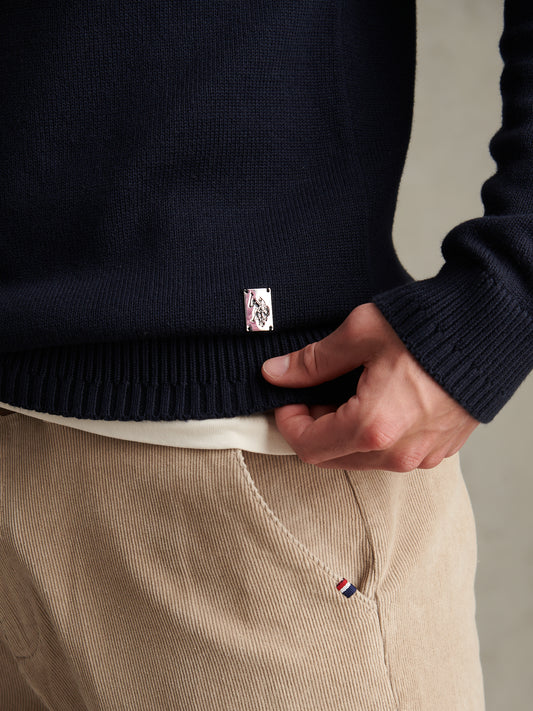 Mens Honeycomb Cable Quarter Zip Jumper Dark Sapphire Navy