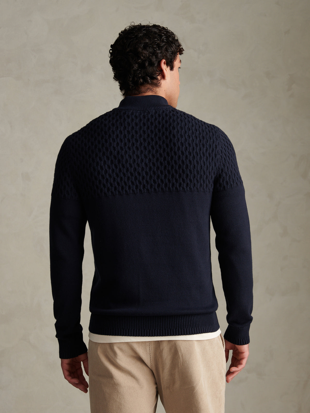 Mens Honeycomb Cable Quarter Zip Jumper Dark Sapphire Navy