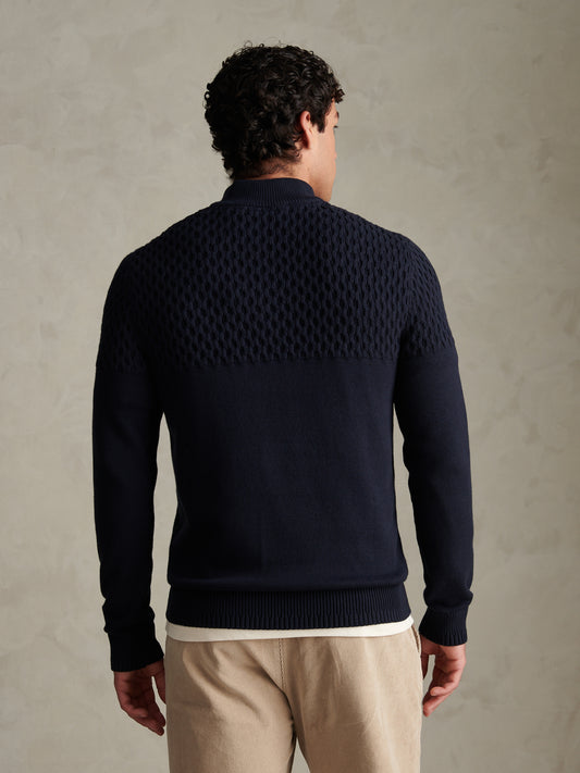 Mens Honeycomb Cable Quarter Zip Jumper Dark Sapphire Navy