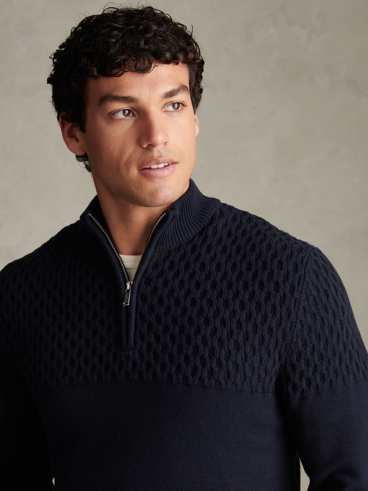 Mens Honeycomb Cable Quarter Zip Jumper Dark Sapphire Navy