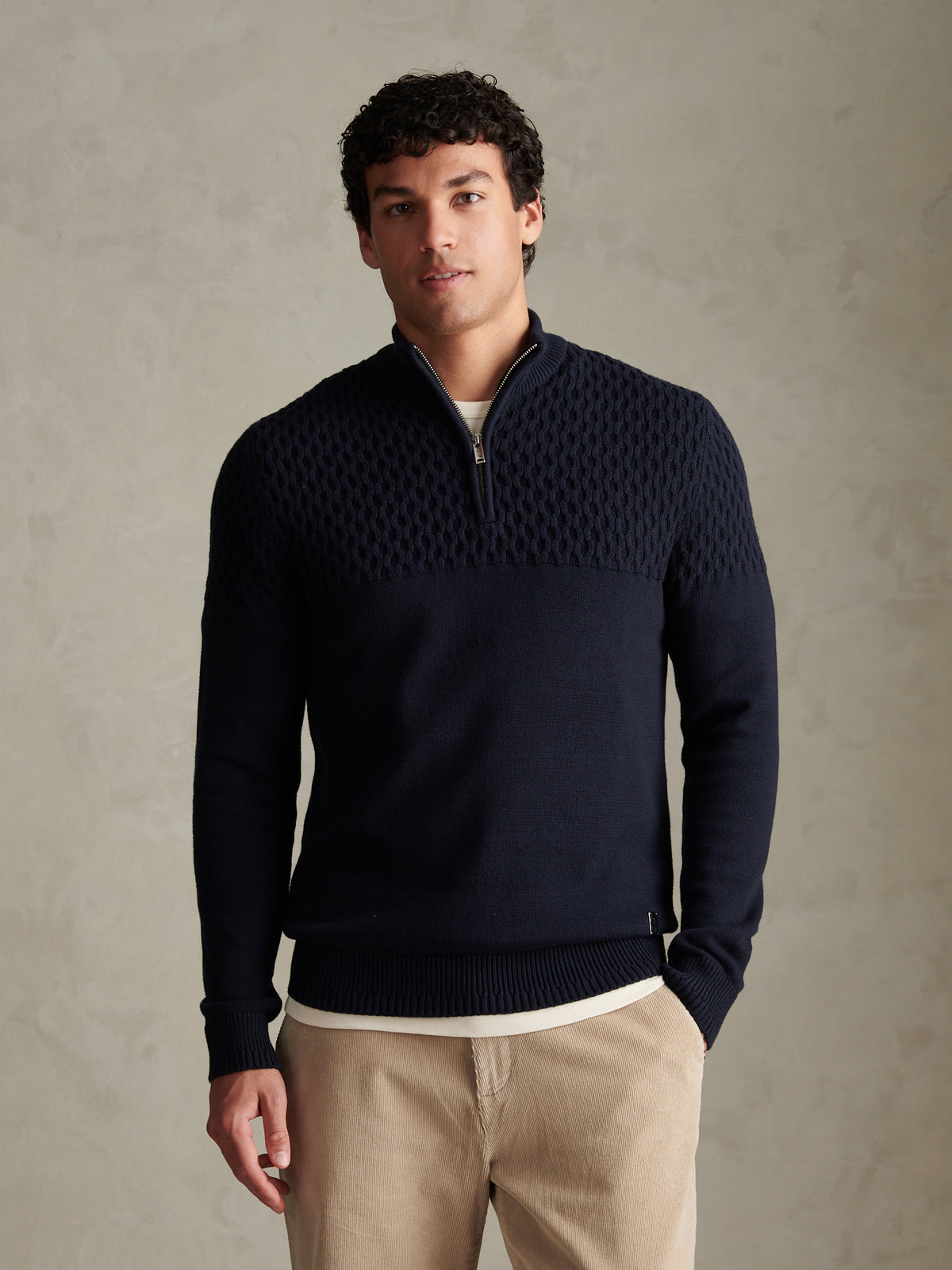 Mens Honeycomb Cable Quarter Zip Jumper Dark Sapphire Navy