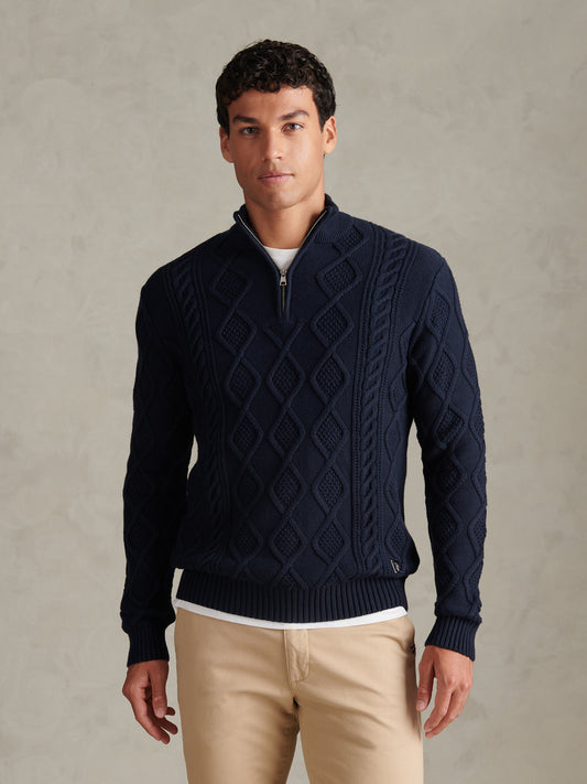 Mens Heritage Aran Nep Half Zip Knit Jumper Dark Sapphire Navy