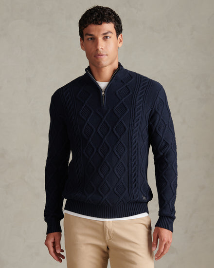 Mens Heritage Aran Nep Half Zip Knit Jumper Dark Sapphire Navy