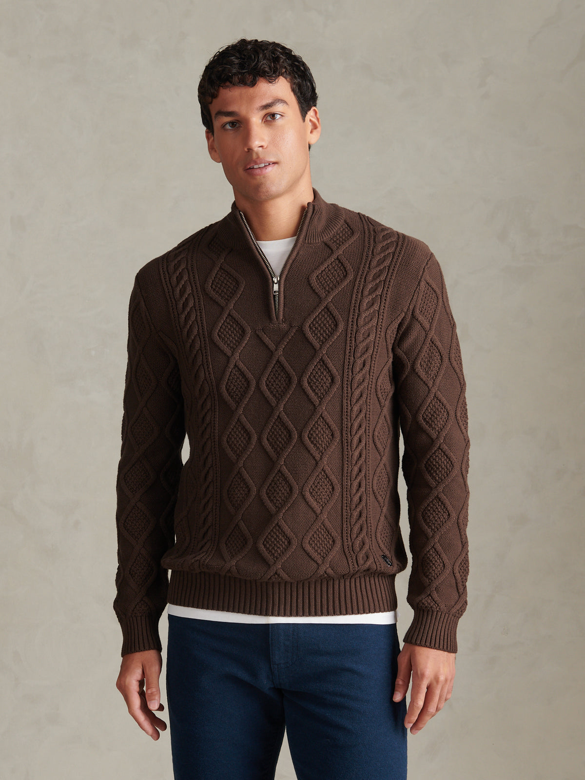 Mens Heritage Aran Nep Half Zip Knit Jumper Bracken