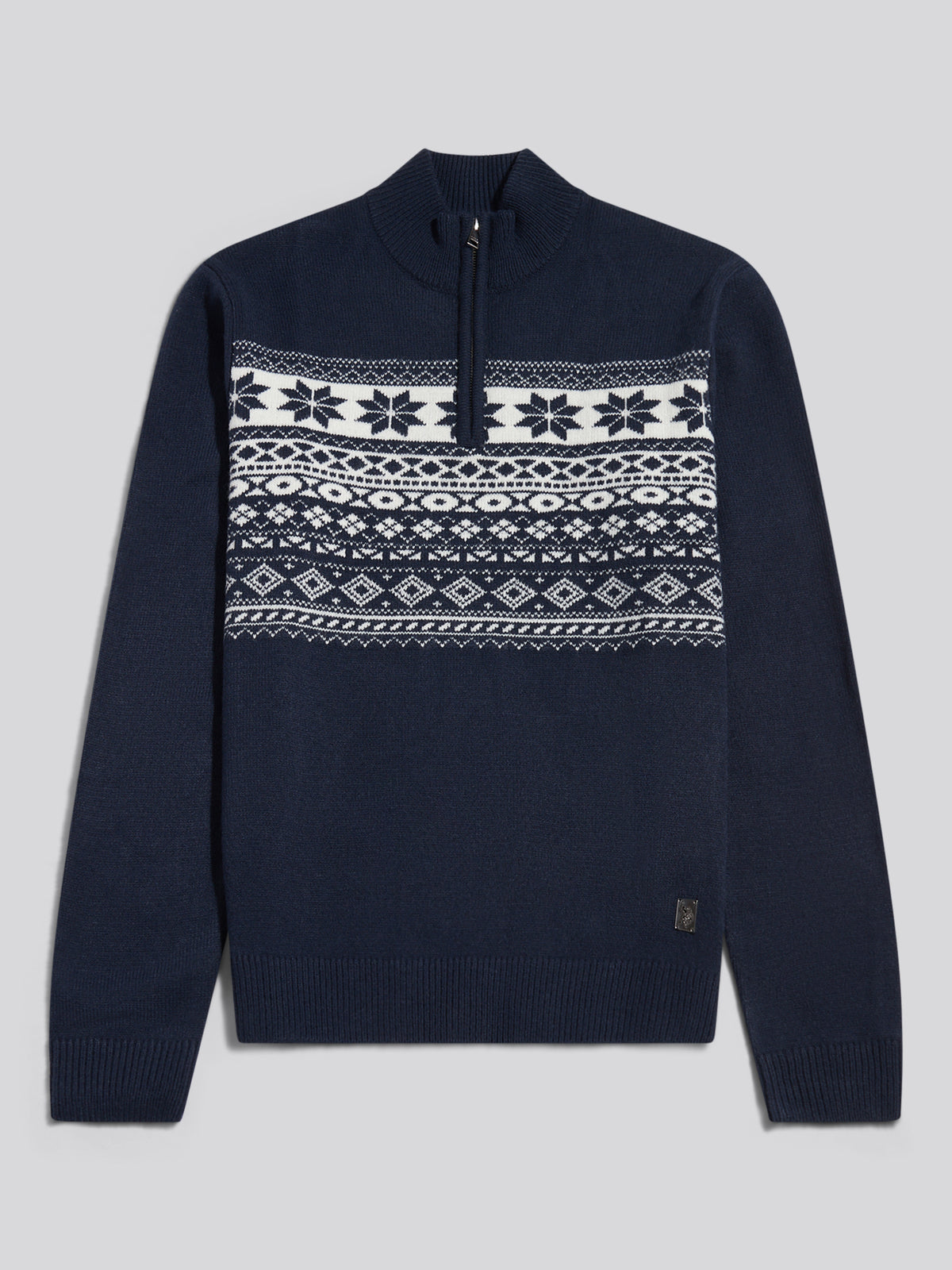 Mens Fair Isle Quarter Zip Jumper Dark Sapphire Navy