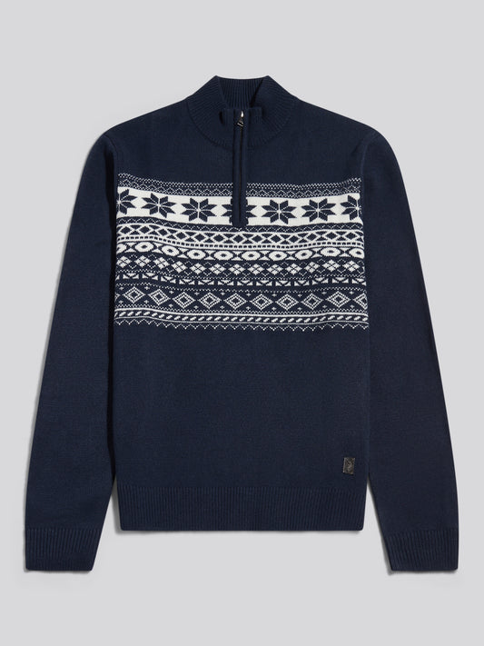 Mens Fair Isle Quarter Zip Jumper Dark Sapphire Navy